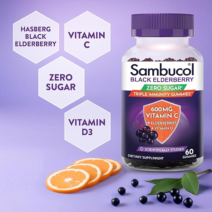 Sambucol Black Elderberry Zero Sugar Triple Immunity Gummies - Black Elderberry Vitamin C Immune Support Supplement, Gummy with Vitamin D for Adults and Kids - 60 Gummies (Pack of 1)