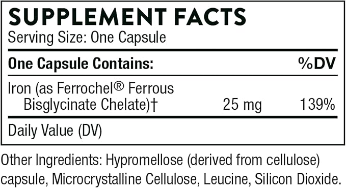 THORNE - Iron Bisglycinate - 25 mg Iron Supplement for Enhanced Absorption Without Gastrointestinal Side Effects* - NSF Certified for Sport - Gluten-Free - 60 Capsules