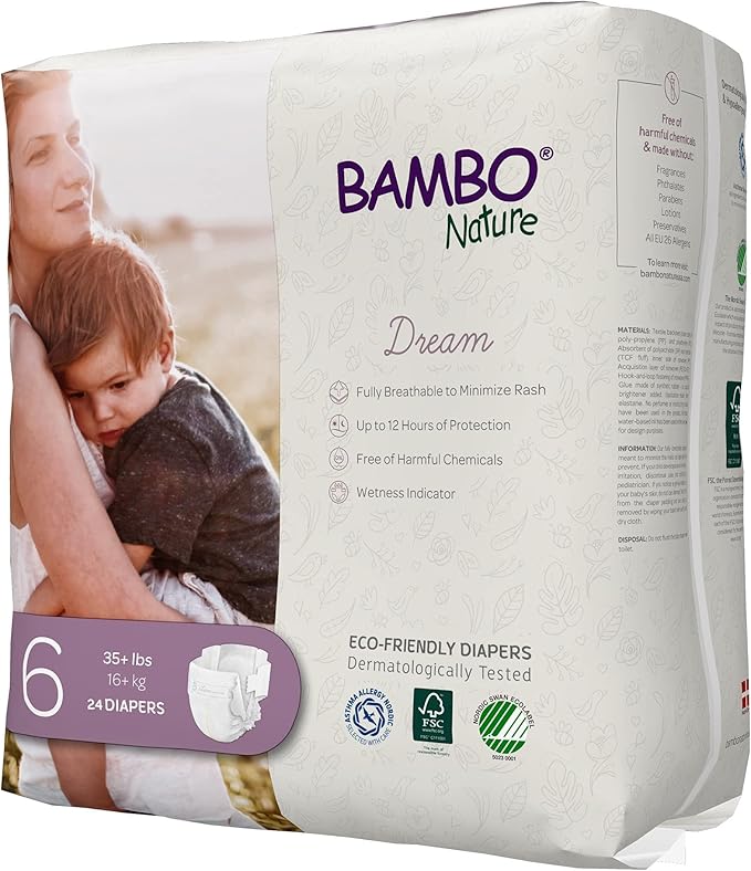 Bambo Nature Hypoallergenic Dream Baby Diapers, Premium Eco-Labeled Sustainable Diapers, Enhanced Leakage Protection, Totally Chlorine-free, Skin Friendly, and Super Absorbent - Size 6 (72 Count)