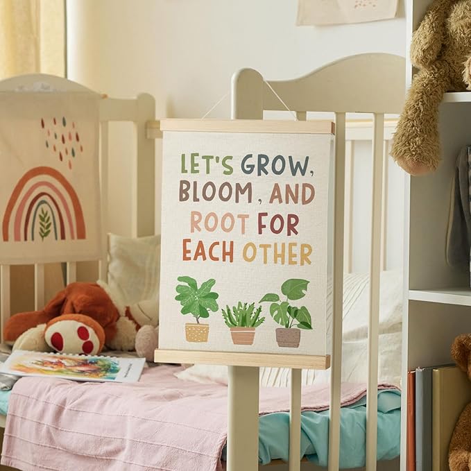 Nrleey Positive Affirmations Wall Decor with Wooden Poster Hanger - Boho Classroom Decor, Lets Grow Bloom Motivational Wall Art Posters for Classroom Playroom Homeschool, 12x16 Inch