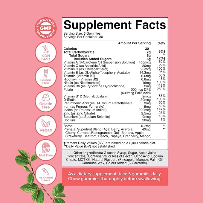 Vegan Prenatal Gummies for Women - Gummy Prenatal Vitamins for Women with Iron Folic Acid and Superfruit Blend - Chewable Vitamins Gummy Formula (Pineapple Mango) 1 Month