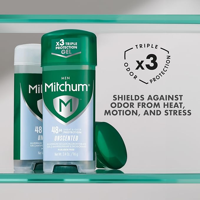 Mitchum Men’s Triple Odor Protection Antiperspirant & Deodorant Gel, Unscented, 48HR Protection, 2 pack