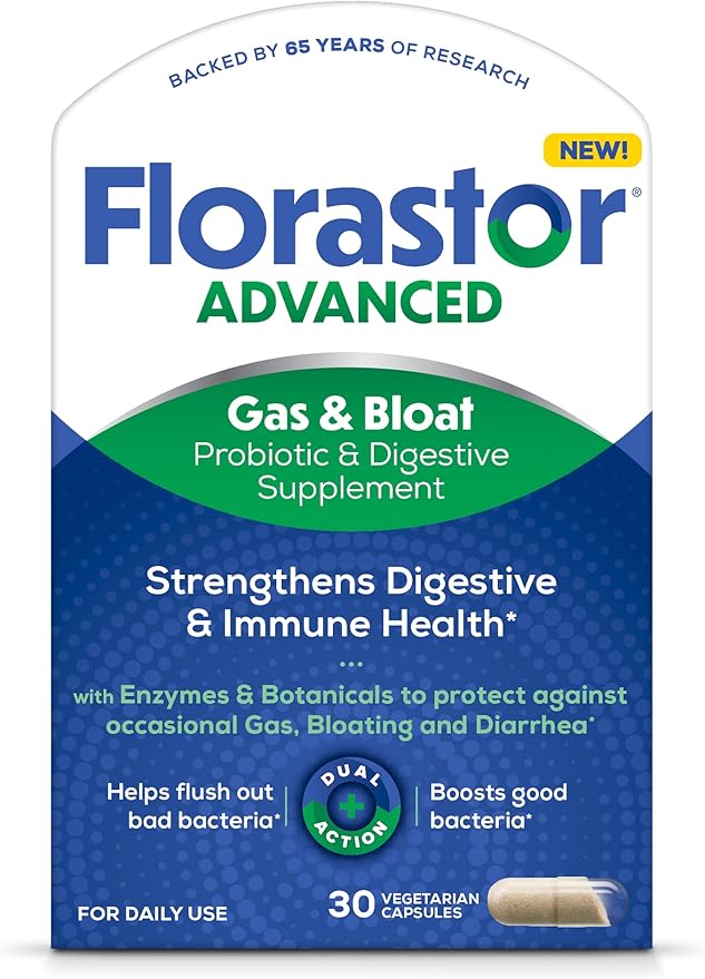 Florastor Advanced Gas and Bloat Probiotic, Digestive Enzymes and Botanicals, Plus Probiotics for Digestive Health, 30 Capsules