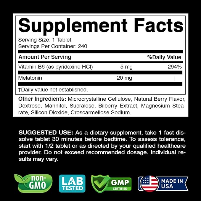 Melatonin 20 mg - 240 Fast Dissolve Tablets - Drug Free - Natural Berry Flavor - Vegetarian, Non-GMO, Gluten Free 240 Count (Pack of 2)
