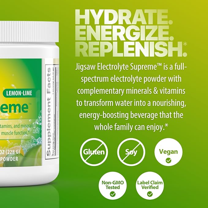 Jigsaw Health Electrolyte Supreme | Broad Spectrum of Electrolytes + Trace Minerals | Lemon-Lime Flavor | 60 Servings (Jar)