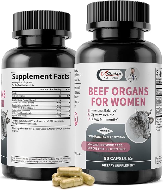Beef Organ Supplement for Women - Grass Fed Beef Liver Uterus* Adrenals Heart Bone Marrow Colostrum for Female Hormo*nal Diges*tive Ener*gy Immunity* Beauty* | Non-GMO Gluten-Free (90 Capsules)