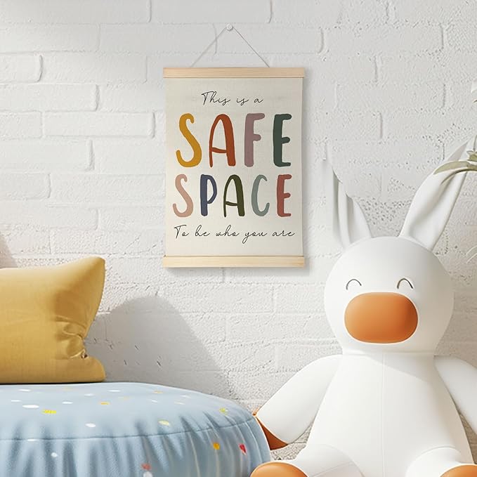 Nrleey Boho This Is A Safe Space Wall Decor with Wooden Poster Hanger - Therapy Counselor Office Decor, Mental Health Wall Art Posters for Calming Corner Classroom Playroom, 12x16 Inch