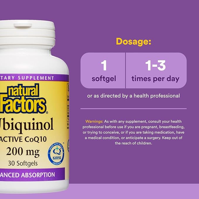 Natural Factors Ubiquinol Active CoQ10 200 mg, High-Absorption Coenzyme Q10 Supplement for Energy, Heart and Cognitive Support, 100mg, 30 Softgels