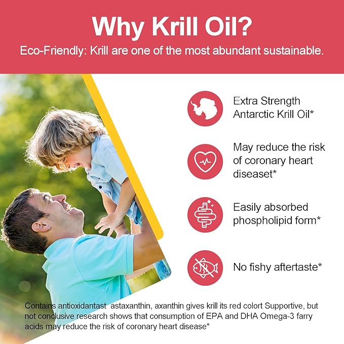 Krill Oil 1000 mg with Omega-3s EPA, DHA, Astaxanthin and Phospholipids 120 Softgels Supplement, Antarctic Krill No Fishy Aftertaste for Joint, Heart, Brain and Immunity