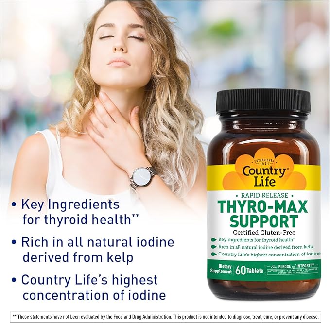 Country Life Thyro-Max Support - Kelp-Derived Iodine & L-Tyrosine Thyroid Supplement for Men and Women - B Vitamins, Gluten-Free, Vegan, Kosher - 60 Capsules