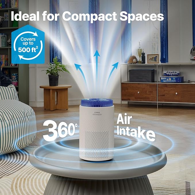 COWAY Air Purifiers for Bedroom Home up to 450 ft², HyperCaptive Filter for Smoke, Allergies, Pet Dander, AQI Monitor, Auto&Sleep Mode, Timer, Filter Indicator, Night Light, 3yr Warranty, 50 White