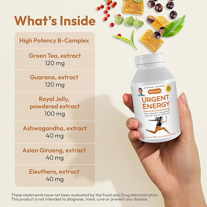 ANDREW LESSMAN Urgent Energy 360 Capsules - Provides a Safe, Healthy Means of Enhancing Energy Levels and Feelings of Well-Being, Green Tea, Guarana, Ginseng, Royal Jelly, Ashwagandha, B-Complex