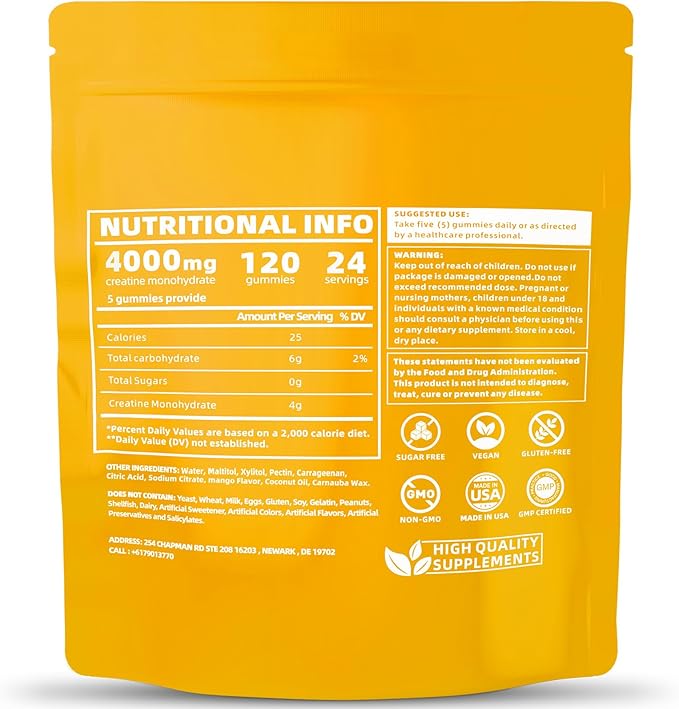 Flavored creatine monohydrate Gummies Sugar Free,Pre Workout Supplements creatine Gummies for Men&Women,Gym Supplements,Supports Muscle Growth,Recovery,Strength,Energy Boost(120 Count)-Mango