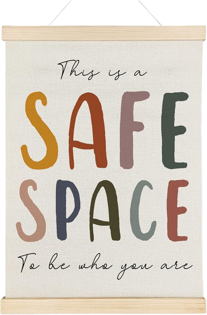 Nrleey Boho This Is A Safe Space Wall Decor with Wooden Poster Hanger - Therapy Counselor Office Decor, Mental Health Wall Art Posters for Calming Corner Classroom Playroom, 12x16 Inch