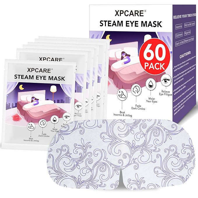 XPCARE 60 Pack Steam Eye Masks for Dry Eyes, Self Heated Steam Warm Eye Mask, Disposable Heated Eye Mask for Dark Circles, Puffy Eyes, Relief Stress Eye Fatigue (Unscented)