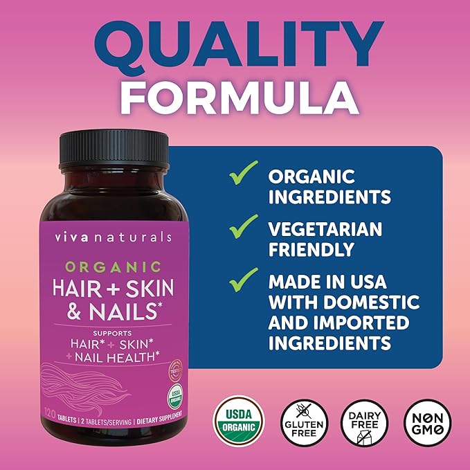 Hair Skin Nails Vitamins for Women - Vegetarian-Friendly Organic Vitamins for Hair Skin and Nail Health Support with Vitamin E & Biotin 5000 mcg to Help Produce Keratin - 120 Tablets