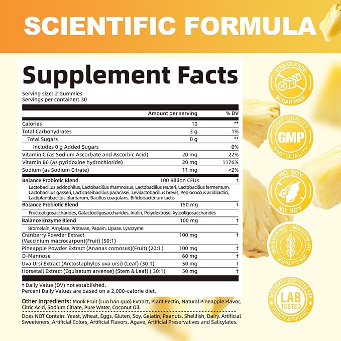 Premium Feminine Balance Gummies, Women’s Health Probiotics - 100 Billion CFU Probiotics - Immune Support, Gut Health, Hormone Balance, PH Balance Vitality, Pineapple Flavor, 60 Count