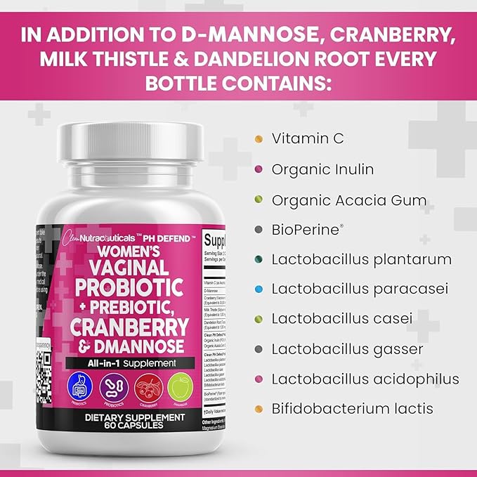 Clean Nutraceuticals Vaginal Probiotics for Women + Prebiotics 20 Billion Cranberry Pills w D-Mannose 500 mg for Urinary Tract Health pH Balance - for Vaginal Health Supplements Pills - 3Pack