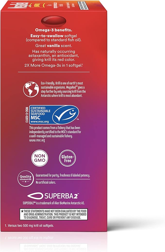 MegaRed Ultra Strength 1000mg Omega-3 Krill Oil Supplement with EPA/DHA, Astaxanthin & Phospholipids, No Fish Oil Aftertaste Supports Heart, Brain, Joint and Eye Health, 60 Count Softgels.