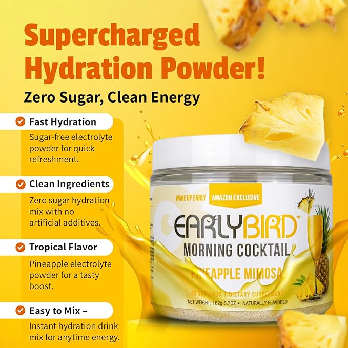 EarlyBird Morning Cocktail - Pineapple Mimosa 45 Servings - Clean Energy Drink (Natural Caffeine), Increased Motivation (Nootropics), Supercharged Hydration (Electrolytes) - Wake Up Early Drink w/