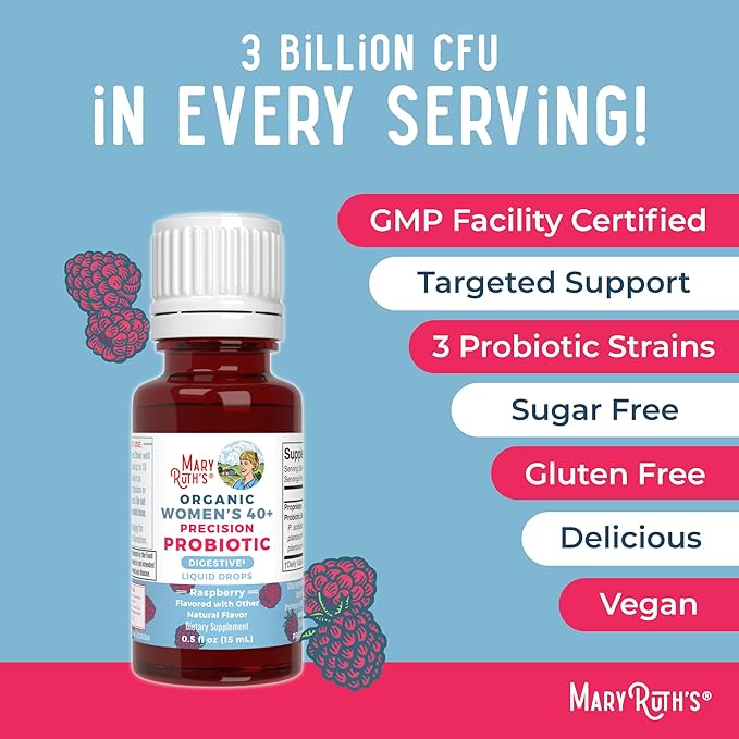 MaryRuth Organics USDA Organic 40 Womens Probiotic Liquid Drops | Probiotics for Digestive Health | Stress-Related GI Issues | Occasional Gas Relief for Adults | Vegan | Dairy Free | 30 Servings
