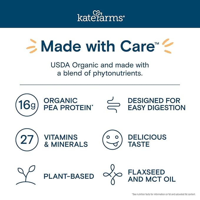 KATE FARMS Organic 1.2 Glucose Support Shake, Vanilla, 16g Protein, 27 Vitamins and Minerals, Diabetic Nutrition Meal Replacement, 8.45 oz (12 Pack)