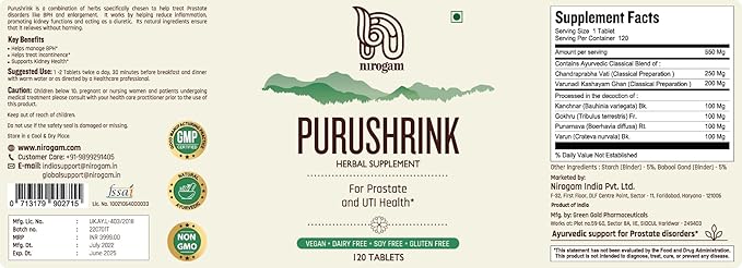 Purushrink Prostate Health Supplement for Men | Support Better Sleep and Urinary Health | Natural Ayurvedic Formula by Nirogam - 120 Tablets