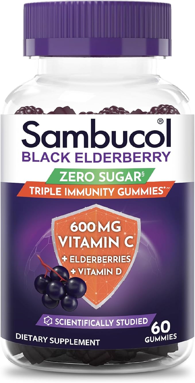 Sambucol Black Elderberry Zero Sugar Triple Immunity Gummies - Black Elderberry Vitamin C Immune Support Supplement, Gummy with Vitamin D for Adults and Kids - 60 Gummies (Pack of 1)