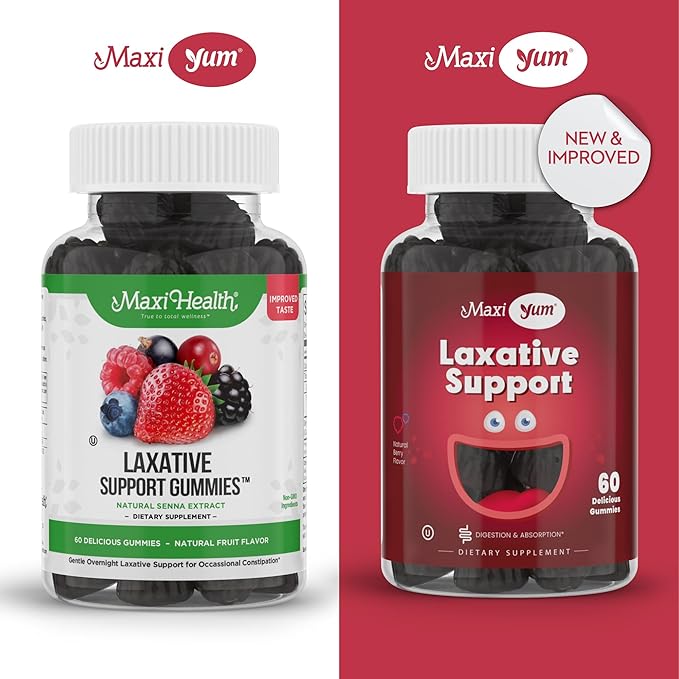 Maxi Health Natural Laxative Gummies for Adults and Kids – Non-GMO and Vegan Senna Stool Softener Gummies – Berry Flavor Chewable Laxatives for Constipation Support (60 Count)