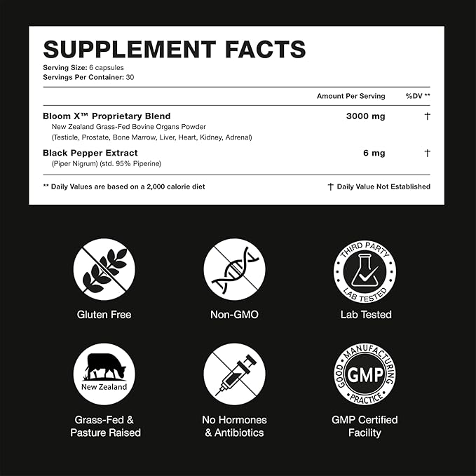 Beef Organ Supplement for Men | 100% Grass Fed Beef Liver Capsules with Bull Testicle, Prostate, Bone Marrow & More | Bloom X - Ancestral Superfoods for Vital Energy, Immunity & Men’s Health | 180 ct