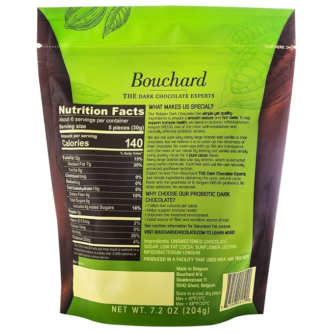 4 Pack! Bouchard Probiotic Dark Belgian Chocolate (72% Cacao) | Individually Wrapped in Resealable Bag | No Soy, No Vanilla, No Nonsense | Non-GMO, Gluten Free, OU-D Kosher