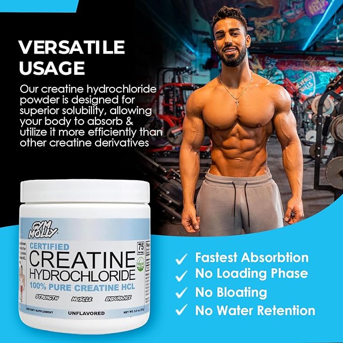 Gym Molly Creatine Hydrochloride Powder, Highly Soluble Creatine Hydrochloride, Unflavoured, Vegan, Workout Supplement for Men and Women, Muscle Builder Creatine Supplement (75 Servings, 750mg)
