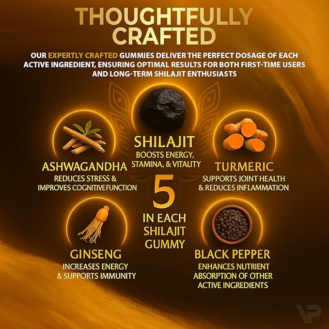 Shilajit Gummies - 5-in-1 Adaptogen Supplement with Ashwagandha, Ginseng, Turmeric, & Black Pepper | Energy, Focus, Immunity & Vitality Support | Organic, Vegan, Sugar-Free | 90 Count