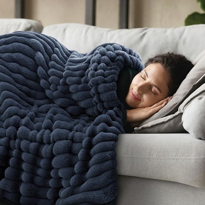 INFIIXSO Sherpa Throw Blanket for Couch - Super Soft & Warm Striped Fleece Blanket, Cozy Plush Fluffy Blanket All Season Use (Navy Blue, 60x80 Inches)
