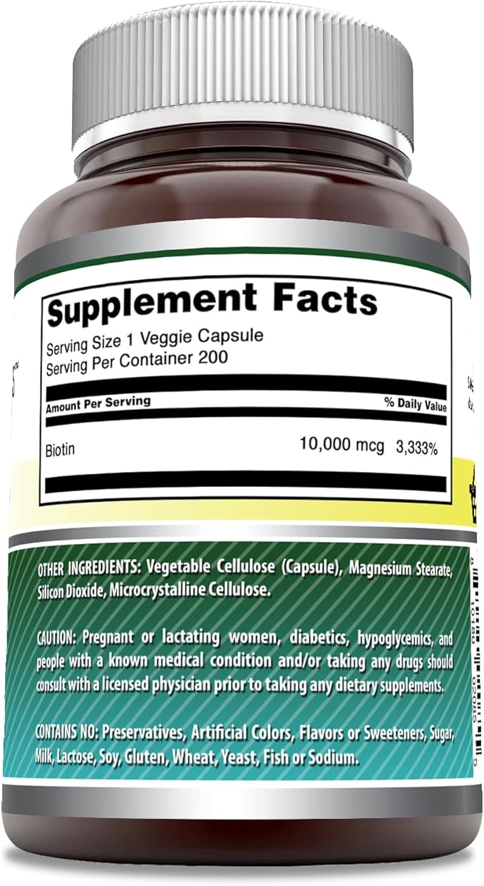 Amazing Formulas Biotin 10,000 Mcg Supplement | 200 Veggie Capsules | Non-GMO | Gluten-Free | Made in USA | Suitable for Vegetarians