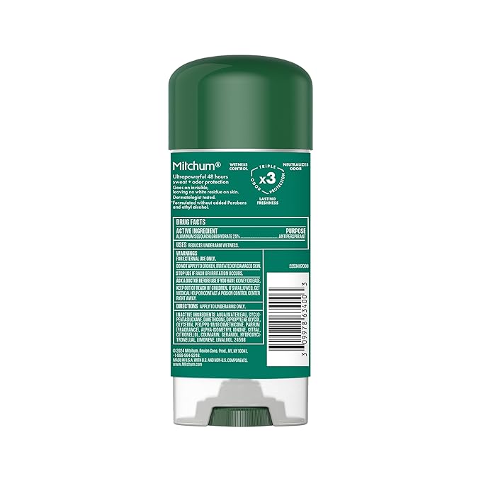 Mitchum Men’s Antiperspirant Deodorant Gel Stick, Mountain Air Scent, 48HR Sweat & Odor Protection, Triple Odor Defense, Alcohol-Free, Dermatologist Tested, 3.4 oz