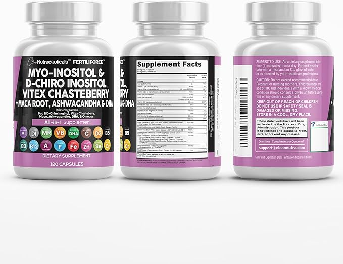 Clean Nutraceuticals Myo-Inositol & D-Chiro Inositol 2050mg Fertility Supplement 40:1 Ratio - Prenatal Vitamins for Women with Ashwagandha Maca Root Vitex Chasteberry Iron DHA Folic Acid DIM Zinc (1)
