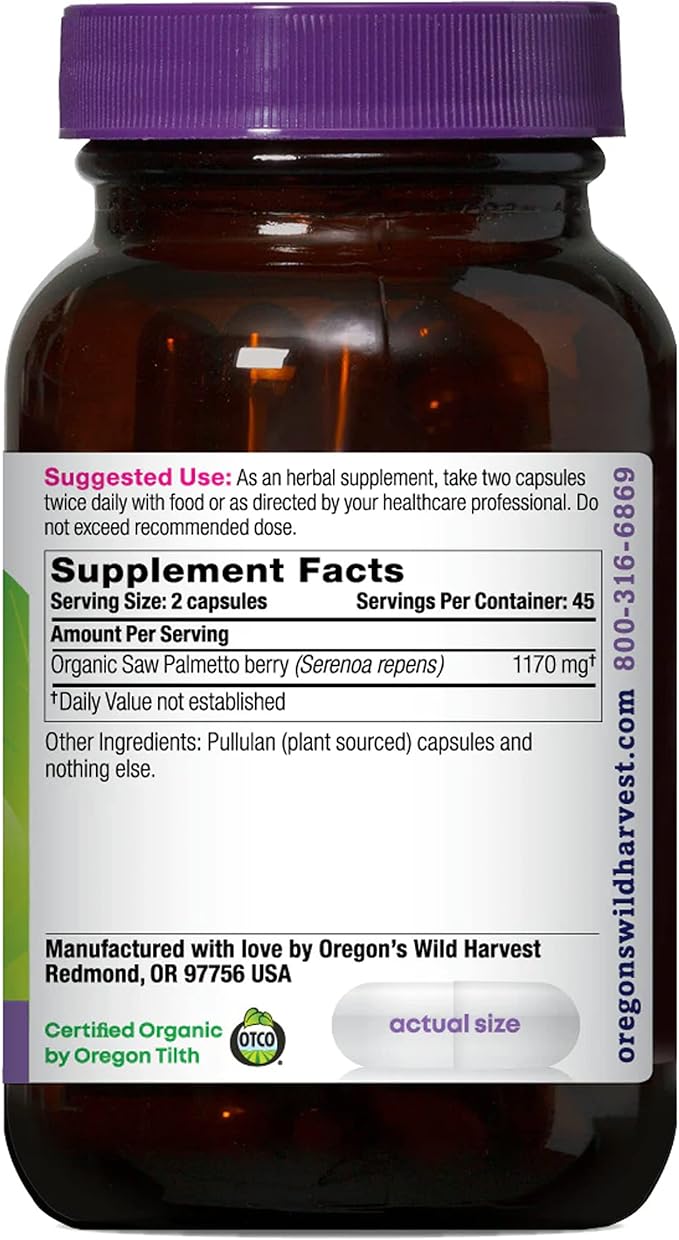 Oregon's Wild Harvest Saw Palmetto Organic Capsules, 90 Count Vegetarian Capsules, 1170mg
