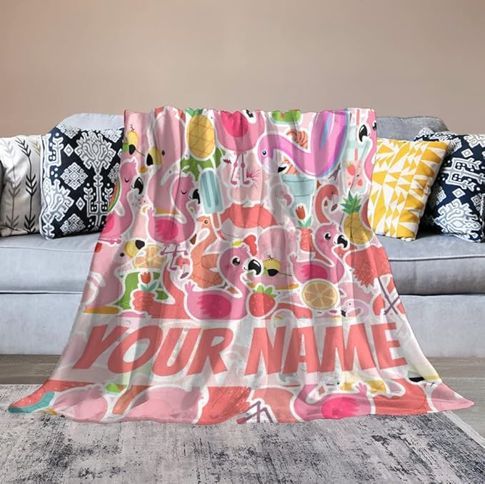 Custom Flamingo Blanket Gifts with Name - 50 x 60 Inches Funny Flamingo Throw for Teens - Pink Fluffy Warm Cozy Blankets for Travel
