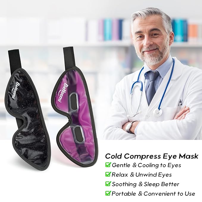 2Packs Cooling Eye Masks, Ice Eye Mask Cold Compress for Eyes, Reusable Cold Gel Eye Mask for Eye Relaxation, Comfort Snug Fit, Eye Cover for Home, Office, Black & Purple