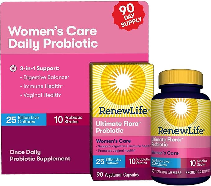 Renew Life Women's Probiotic - Ultimate Flora Probiotic Women's Care, Shelf Stable Probiotic Supplement - 25 Billion - 90 Count (Pack of 1) (Packaging May Vary)