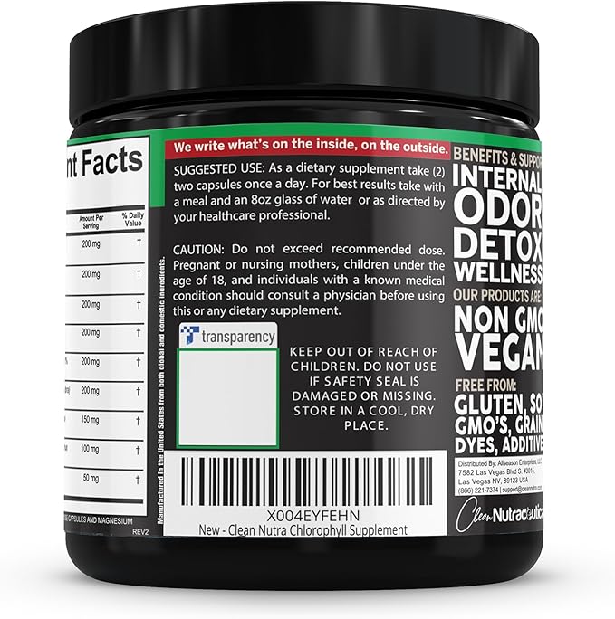 Clean Nutra Chlorophyll Capsules Supplement Internal Deodorant Peppermint, Sea Moss, Parsley, Chlorella, Spirulina, Slippery Elm, Ashwagandha, PhytoFresh Greens Detox Pills