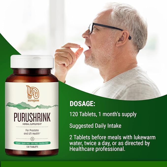 Purushrink Prostate Health Supplement for Men | Support Better Sleep and Urinary Health | Natural Ayurvedic Formula by Nirogam - 120 Tablets