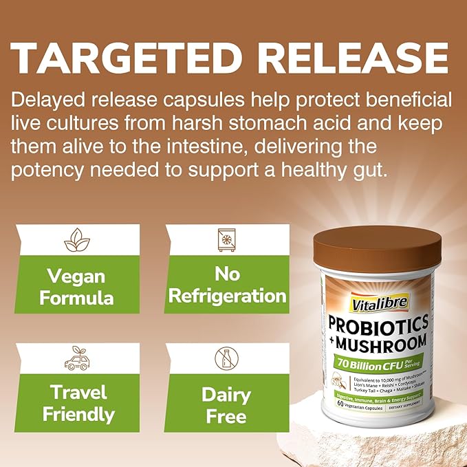 Probiotics+Mushroom, with Lion's Mane, Reishi, Cordyceps, 10 Probiotic Strains, 10000mg Mushroom Strength, for Digestive, Immune, Brain Health & Energy Production, 60 Vegan Capsules