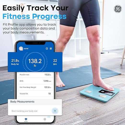 GE Smart Scale for Body Weight: Digital Bathroom Scale with BMI Fat Muscle Mass Bluetooth Body Composition Monitor Large LCD Display Weighing 396lbs Blue