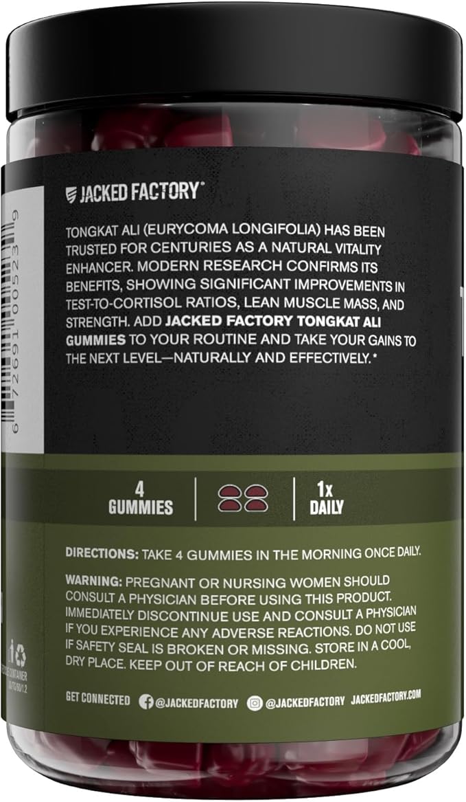 Jacked Factory Tongkat Ali Gummies - 100:1 Tongkat-Ali (Eurycoma Longifolia) Extract for Enhanced Vitality, Improved Energy Levels, Increased Strength, & Lean Muscle Growth - 120 Count, Tart Cherry