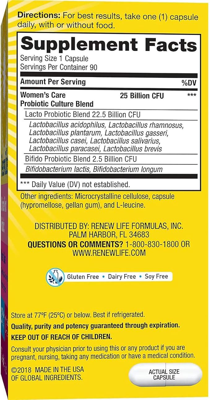 Renew Life Women's Probiotic - Ultimate Flora Probiotic Women's Care, Shelf Stable Probiotic Supplement - 25 Billion - 90 Count (Pack of 1) (Packaging May Vary)