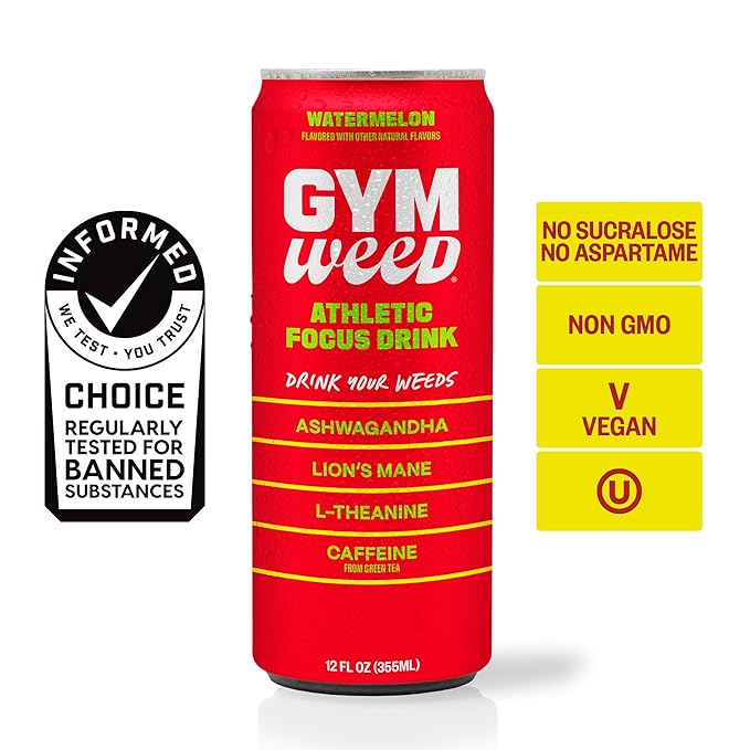 GYM WEED Athletic Focus Drink with KSM-66 Ashwagandha, Lion's Mane Mushroom, L-Theanine, 200mg Green Tea Caffeine with Natural Sweeteners Watermelon Flavor, 12 Pack