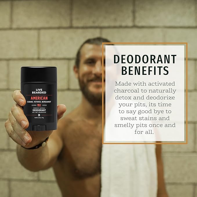 Live Bearded Men's Deodorant - Long Lasting, Aluminum Free, All Natural, Activated Charcoal Deodorant for Men, Travel Size - American, 1 Stick