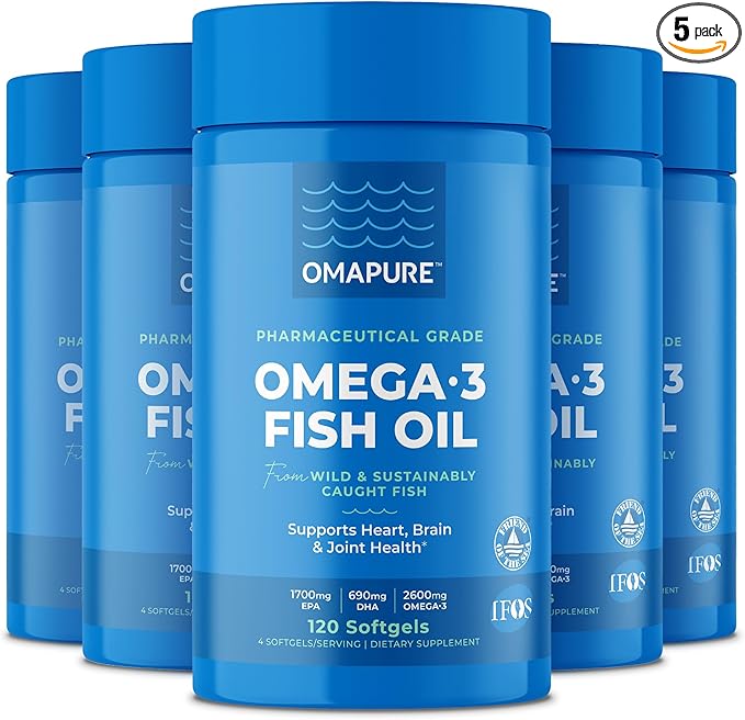 Fish Oil Supplements with Omega 3 Fatty Acids (5 Bottle, 120 Softgels) - High EPA, DHA, & IFOS Fish Oil Pills Support Heart & Joint Health - Burpless Fish Oil Promotes Brain Function